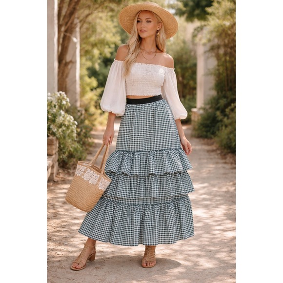 Tov Los Angeles Dresses & Skirts - TOV Los Angeles Green Gingham Tiered Ruffle Maxi Skirt NWT Size 42